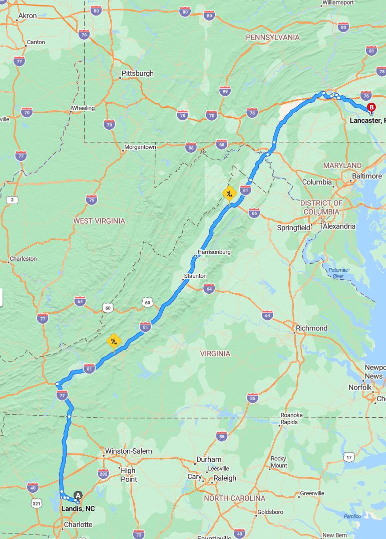 driving from Landis, North Carolina to LancasterPennsylvania - map and route