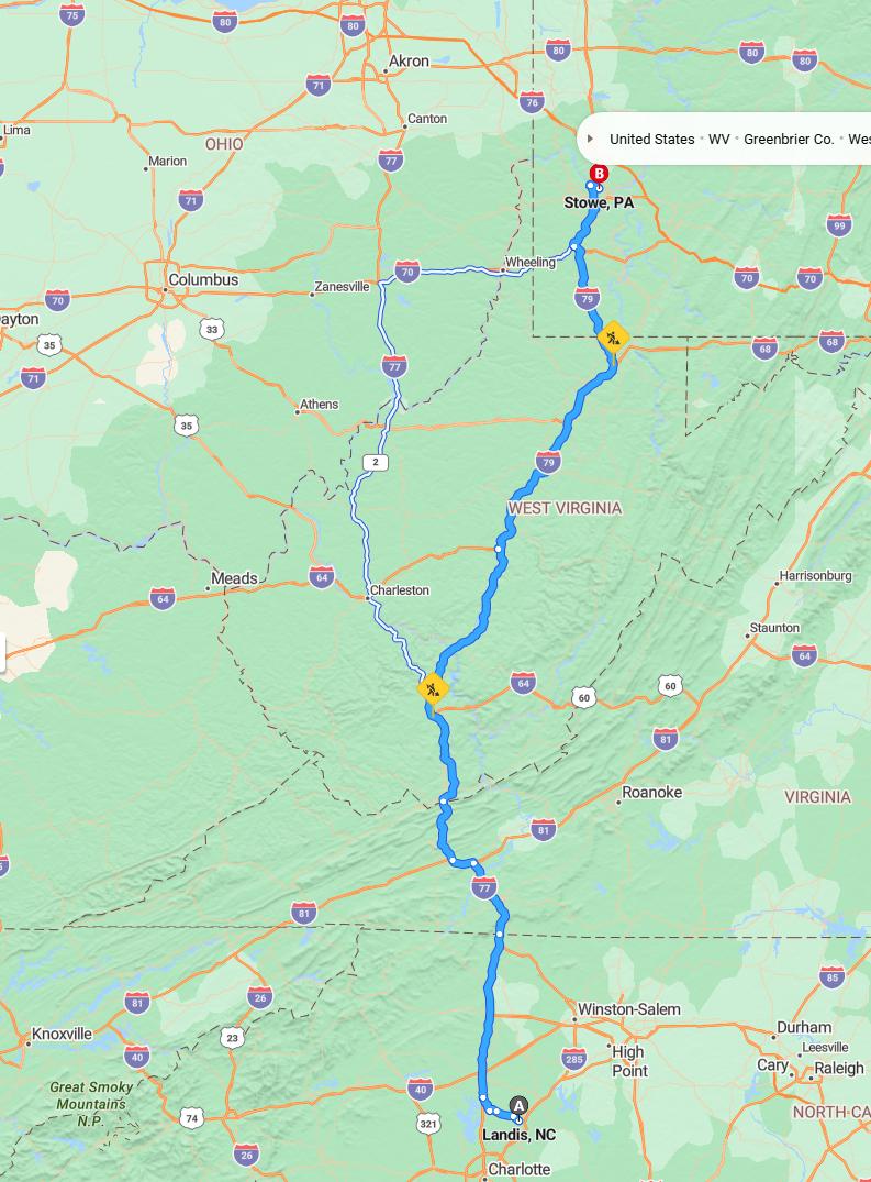 driving from Landis, North Carolina to StowePennsylvania - map and route