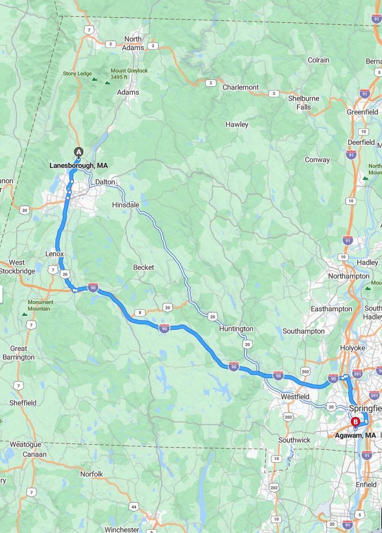 driving from Lanesboro, Massachusetts to AgawamMassachusetts - map and route