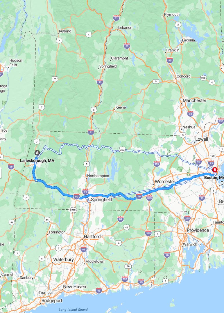 driving from Lanesboro, Massachusetts to BostonMassachusetts - map and route