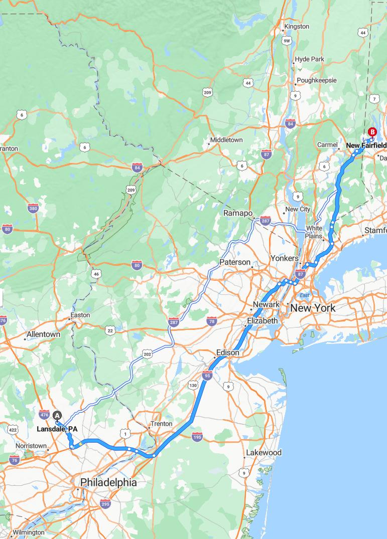 driving from Lansdale, Pennsylvania to New FairfieldConnecticut - map and route