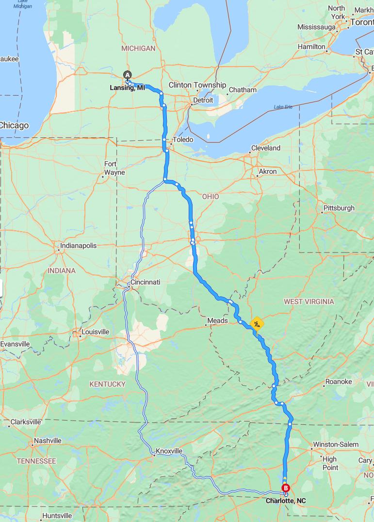 driving from Lansing, Michigan to CharlotteNorth Carolina - map and route