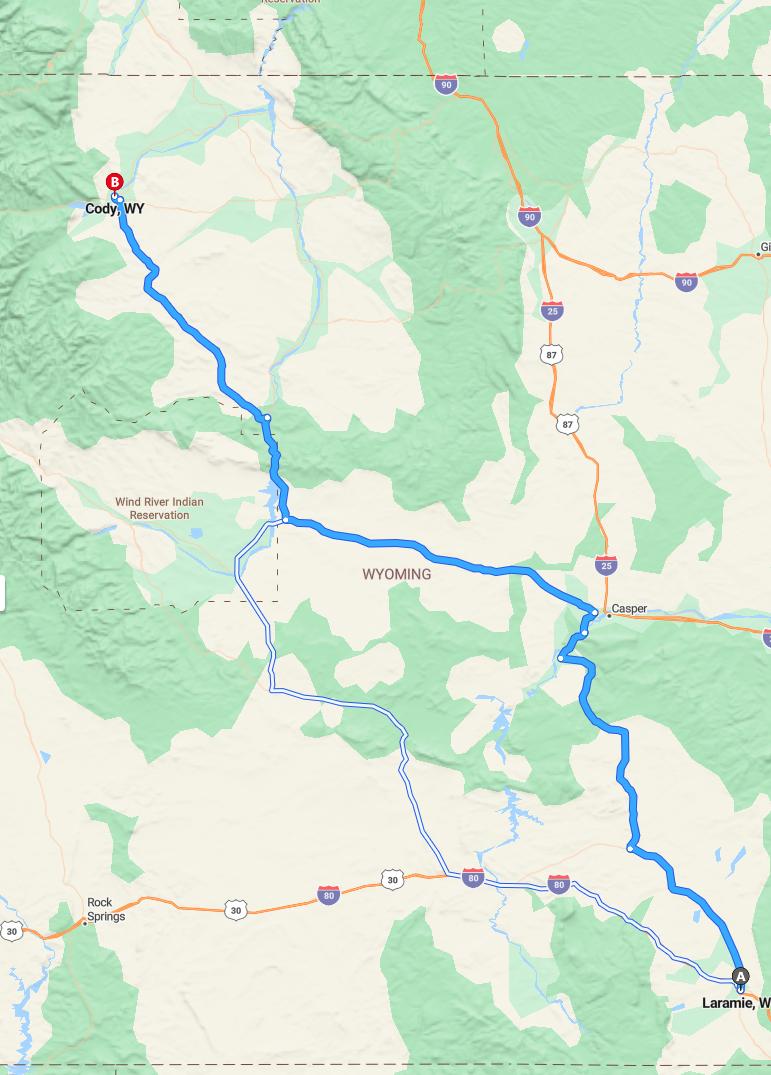 driving from Laramie, Wyoming to CodyWyoming - map and route