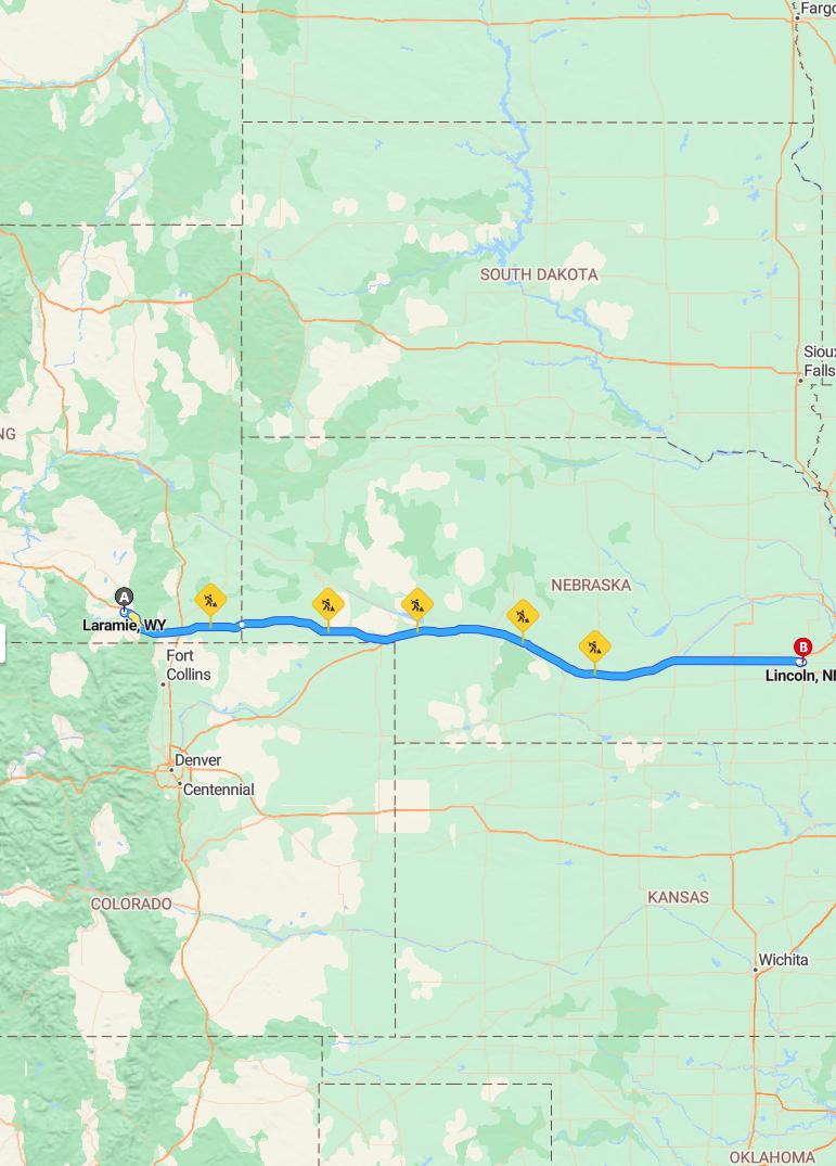 driving from Laramie, Wyoming to LincolnNebraska - map and route