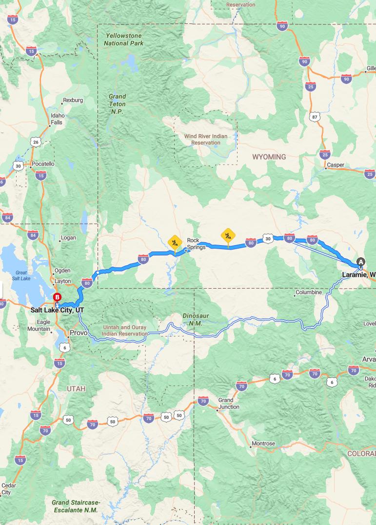 driving from Laramie, Wyoming to Salt Lake CityUtah - map and route