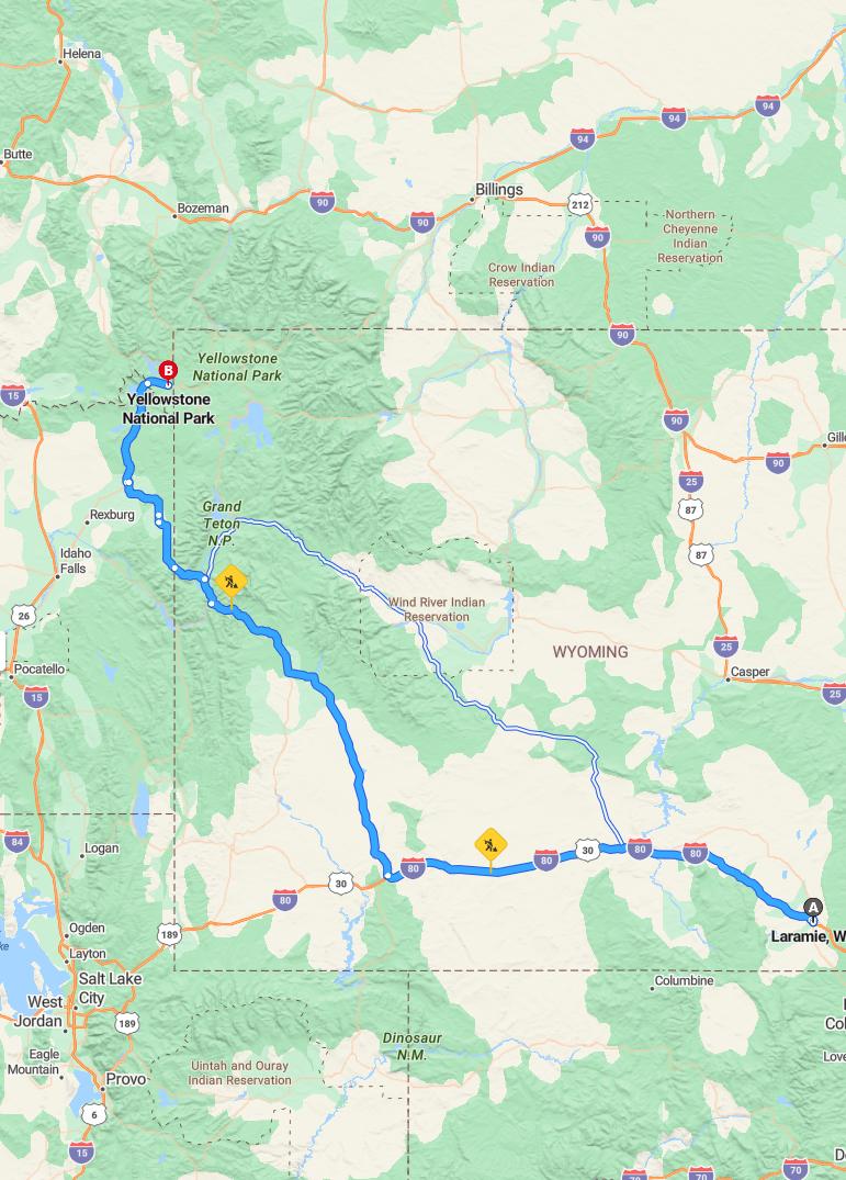 driving from Laramie, Wyoming to YellowstoneWyoming - map and route
