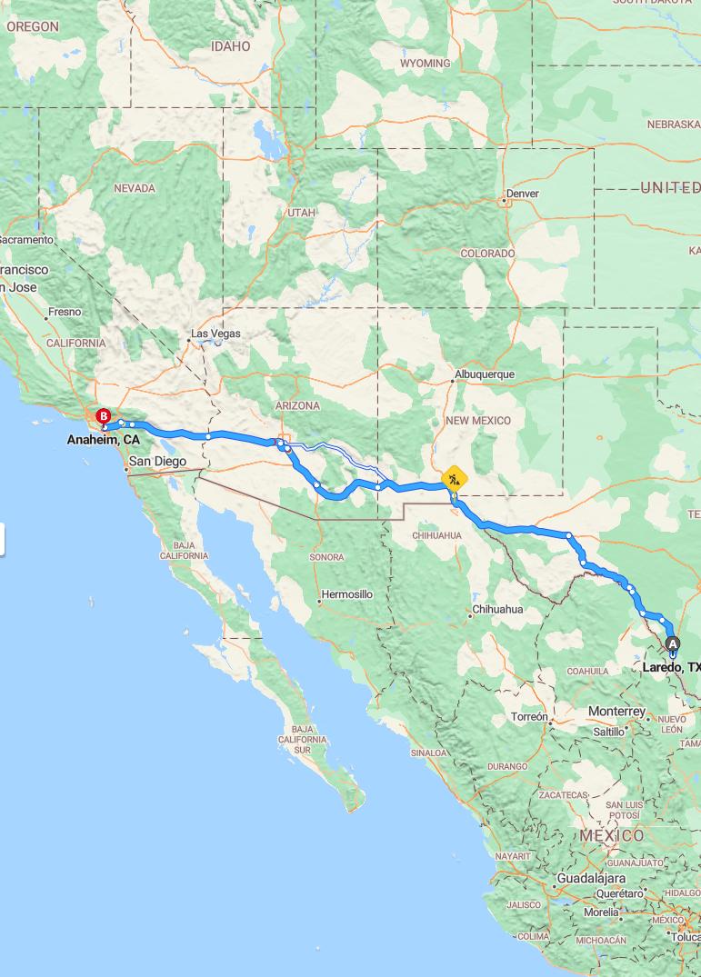 driving from Laredo, Texas to AnaheimCalifornia - map and route