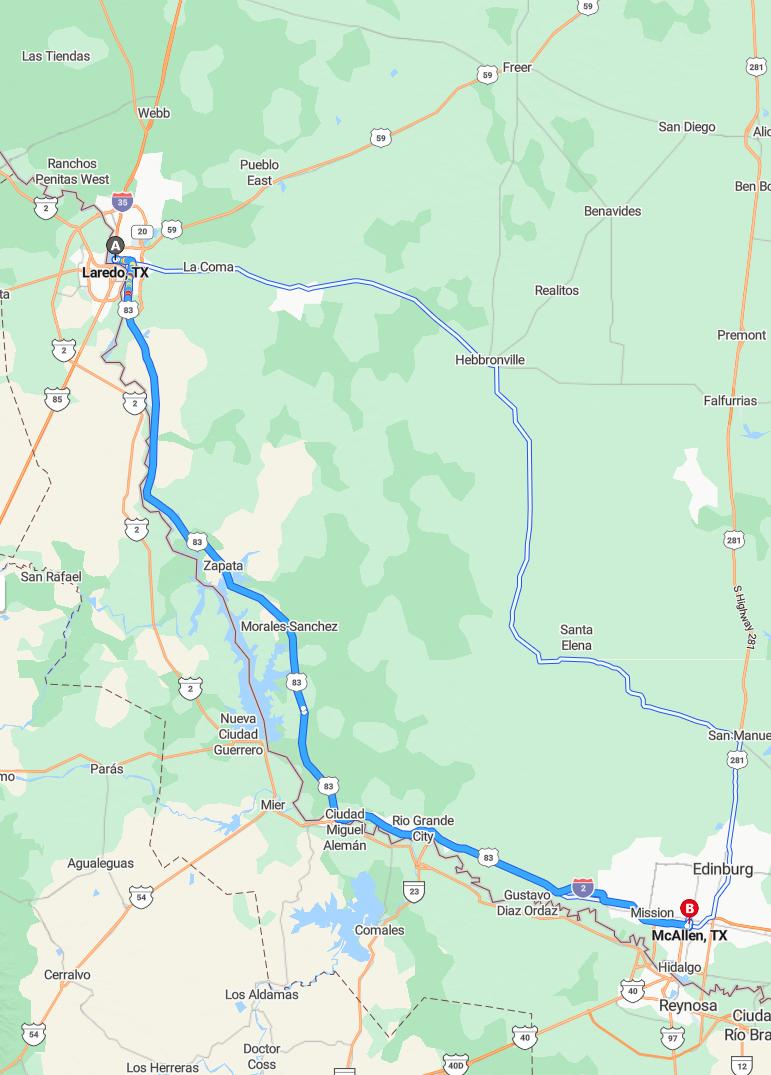 driving from Laredo, Texas to McAllenTexas - map and route