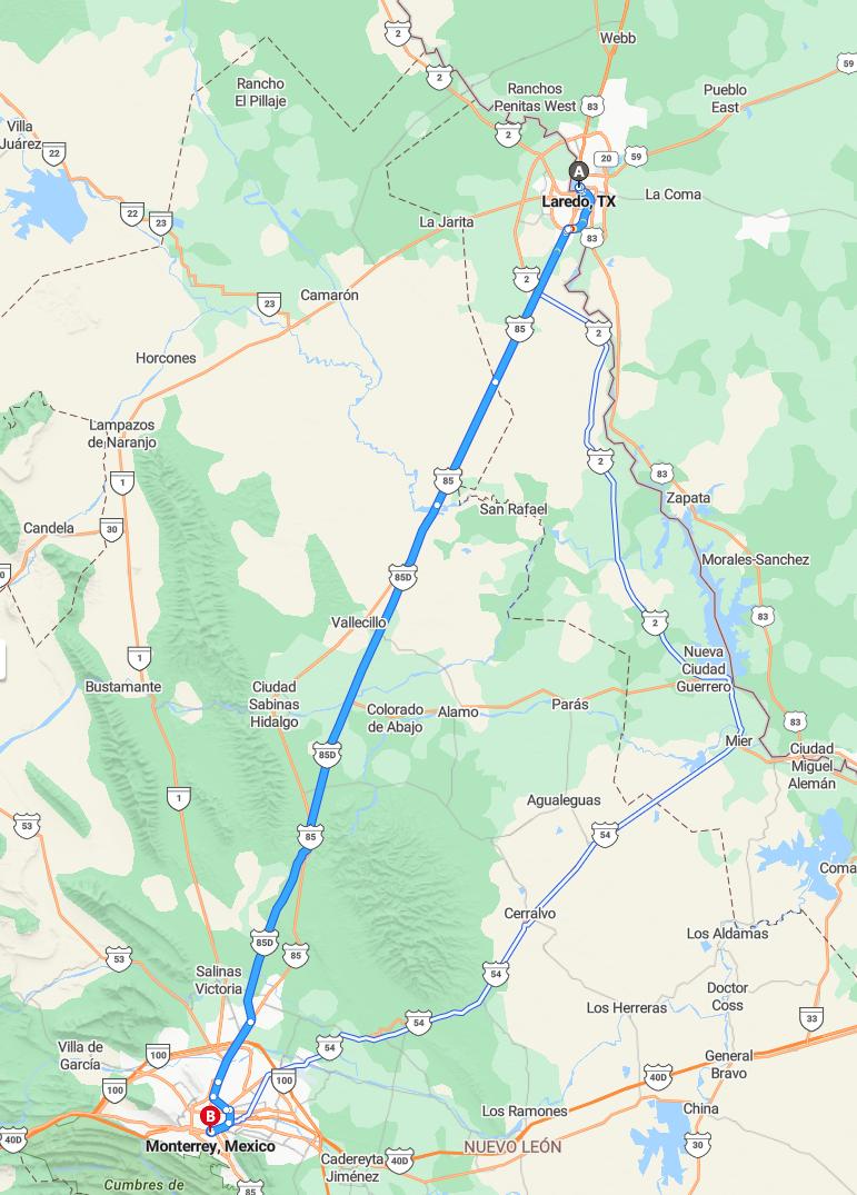 driving from Laredo, Texas to MonterreyNuevo Leon - map and route