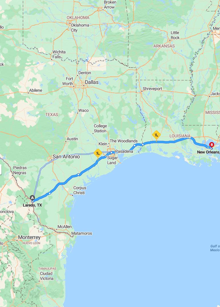 driving from Laredo, Texas to New OrleansLouisiana - map and route