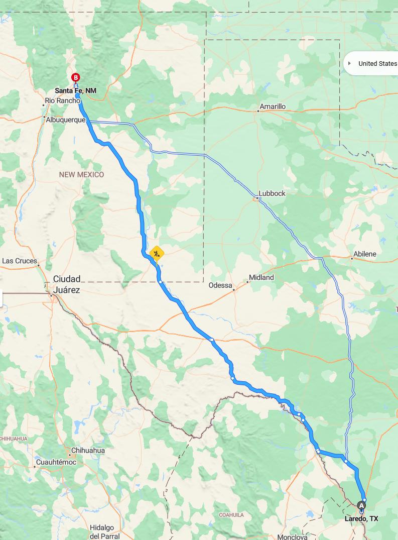 driving from Laredo, Texas to Santa FeNew Mexico - map and route