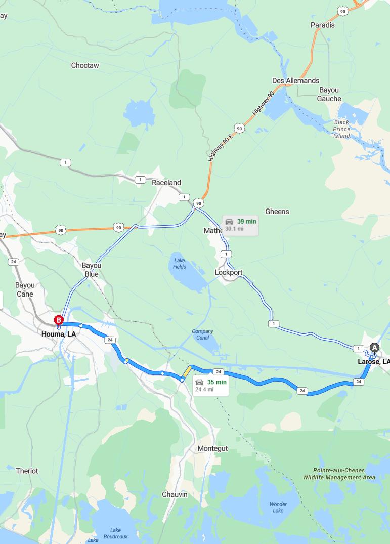 driving from Larose, Louisiana to HoumaLouisiana - map and route