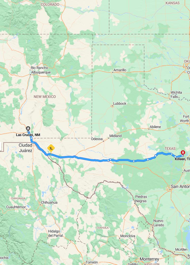 driving from Las Cruces, New Mexico to KilleenTexas - map and route