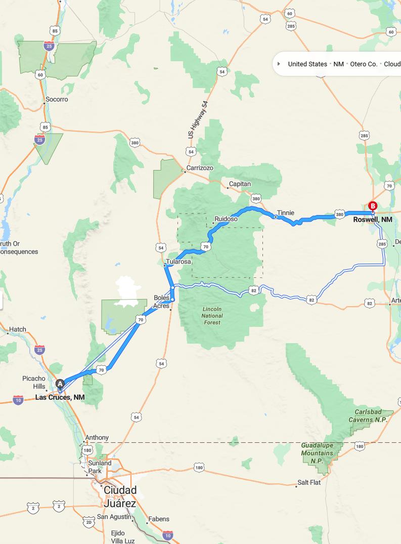 driving from Las Cruces, New Mexico to RoswellNew Mexico - map and route