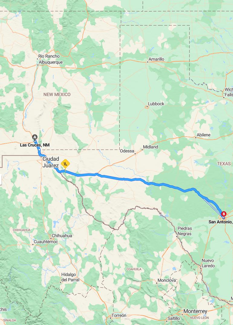 driving from Las Cruces, New Mexico to San AntonioTexas - map and route