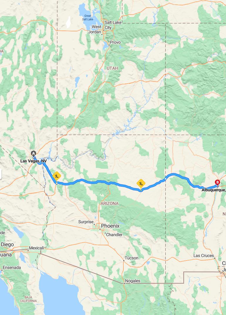 driving from Las Vegas, Nevada to AlbuquerqueNew Mexico - map and route