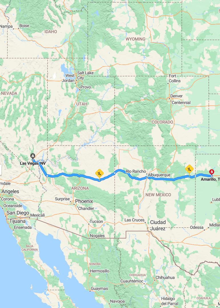 driving from Las Vegas, Nevada to AmarilloTexas - map and route