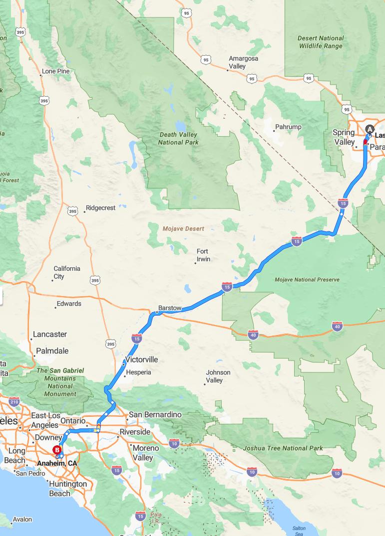 driving from Las Vegas, Nevada to AnaheimCalifornia - map and route