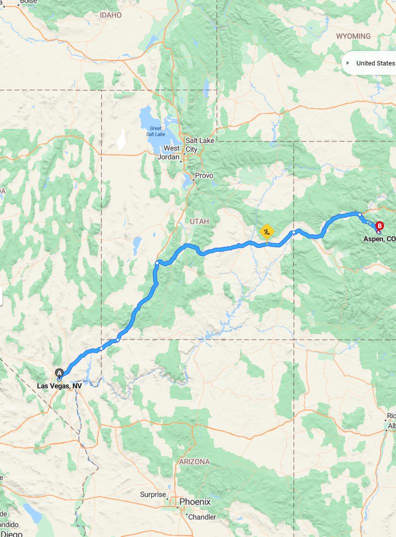 driving from Las Vegas, Nevada to AspenColorado - map and route