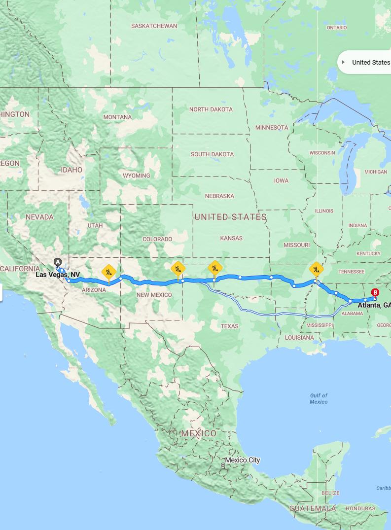driving from Las Vegas, Nevada to AtlantaGeorgia - map and route