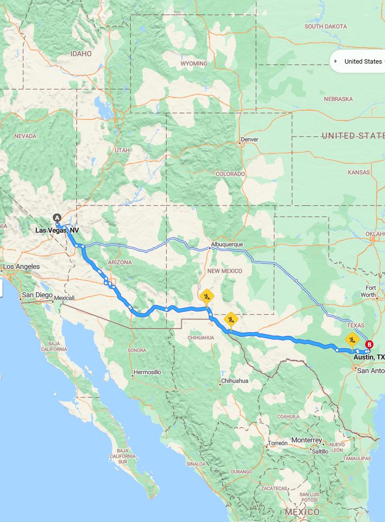 driving from Las Vegas, Nevada to AustinTexas - map and route