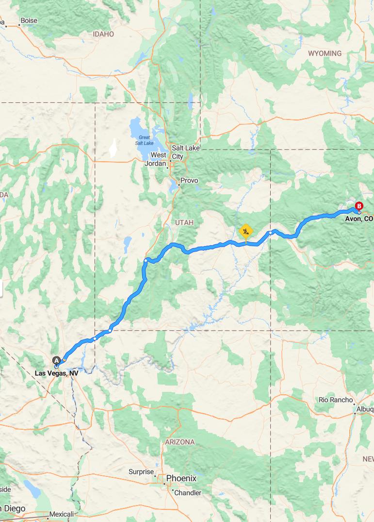 driving from Las Vegas, Nevada to AvonColorado - map and route