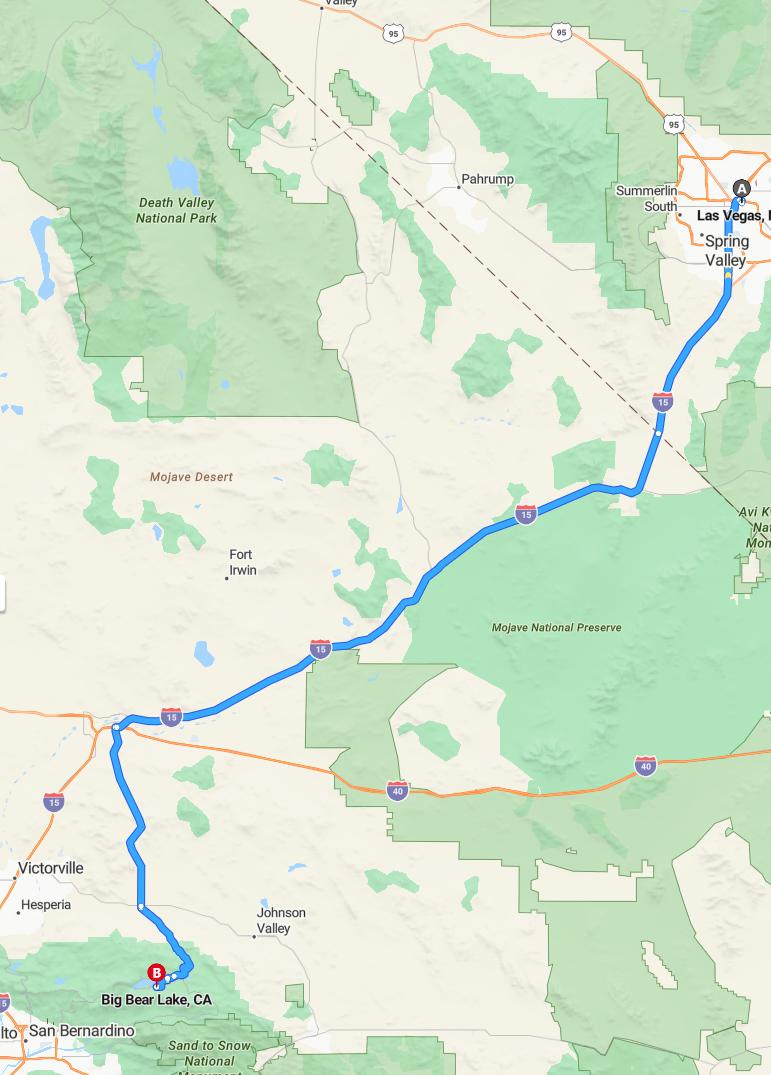 driving from Las Vegas, Nevada to Big Bear LakeCalifornia - map and route