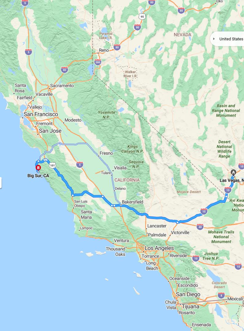 driving from Las Vegas, Nevada to Big SurCalifornia - map and route
