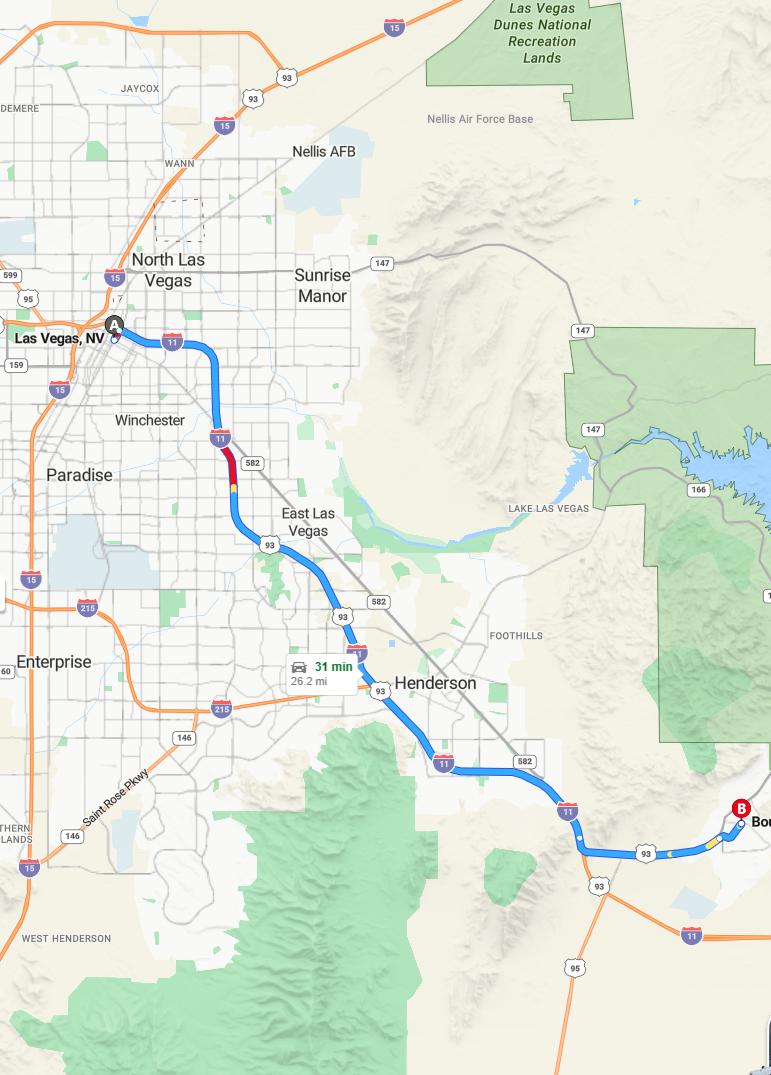driving from Las Vegas, Nevada to Boulder CityNevada - map and route