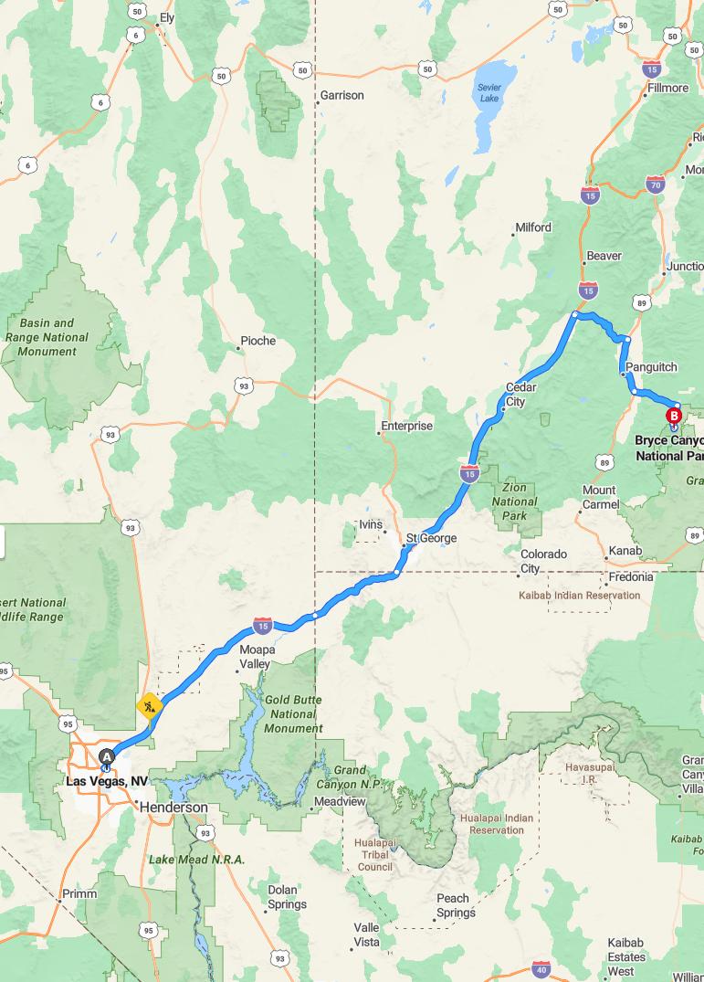 driving from Las Vegas, Nevada to Bryce CanyonUtah - map and route