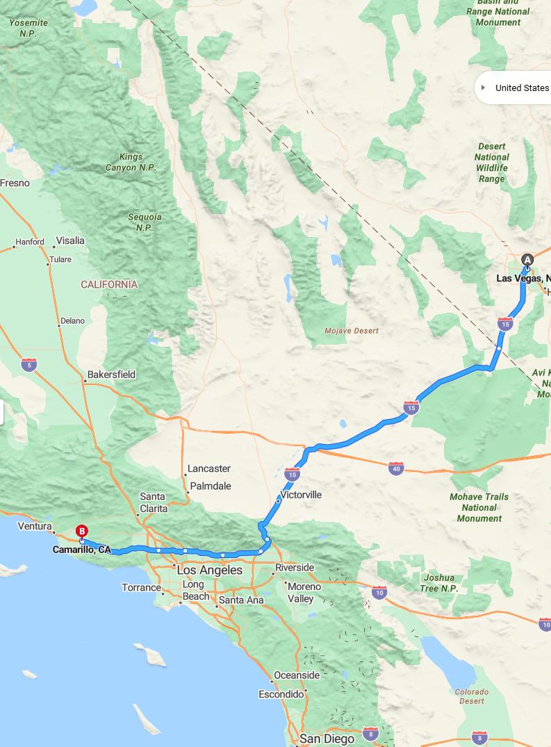 driving from Las Vegas, Nevada to CamarilloCalifornia - map and route