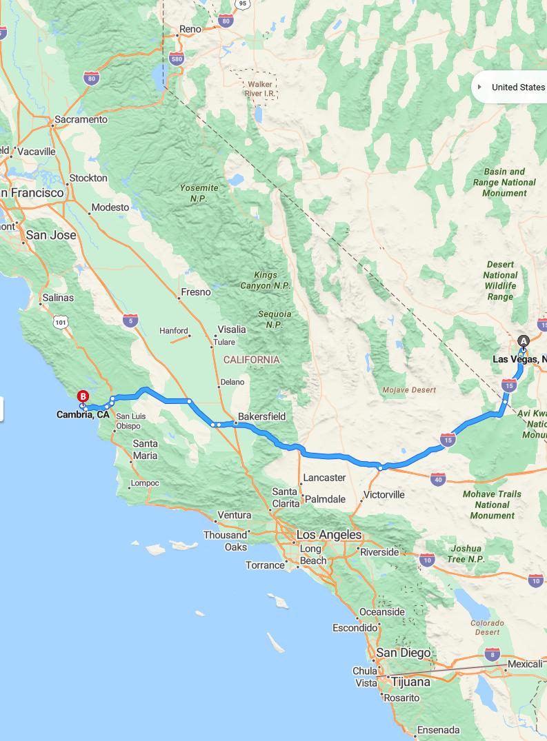 driving from Las Vegas, Nevada to CambriaCalifornia - map and route