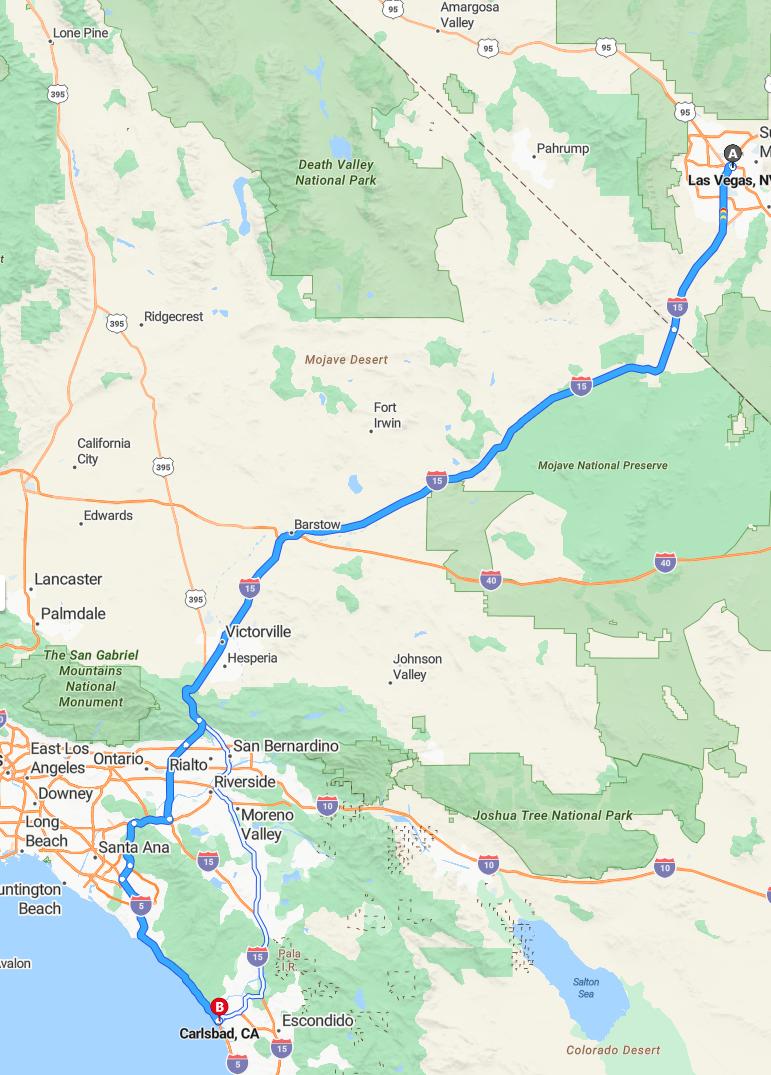 driving from Las Vegas, Nevada to CarlsbadCalifornia - map and route