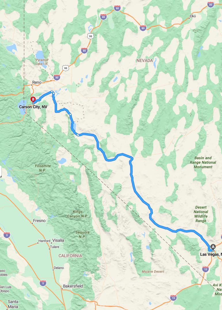 driving from Las Vegas, Nevada to Carson CityNevada - map and route