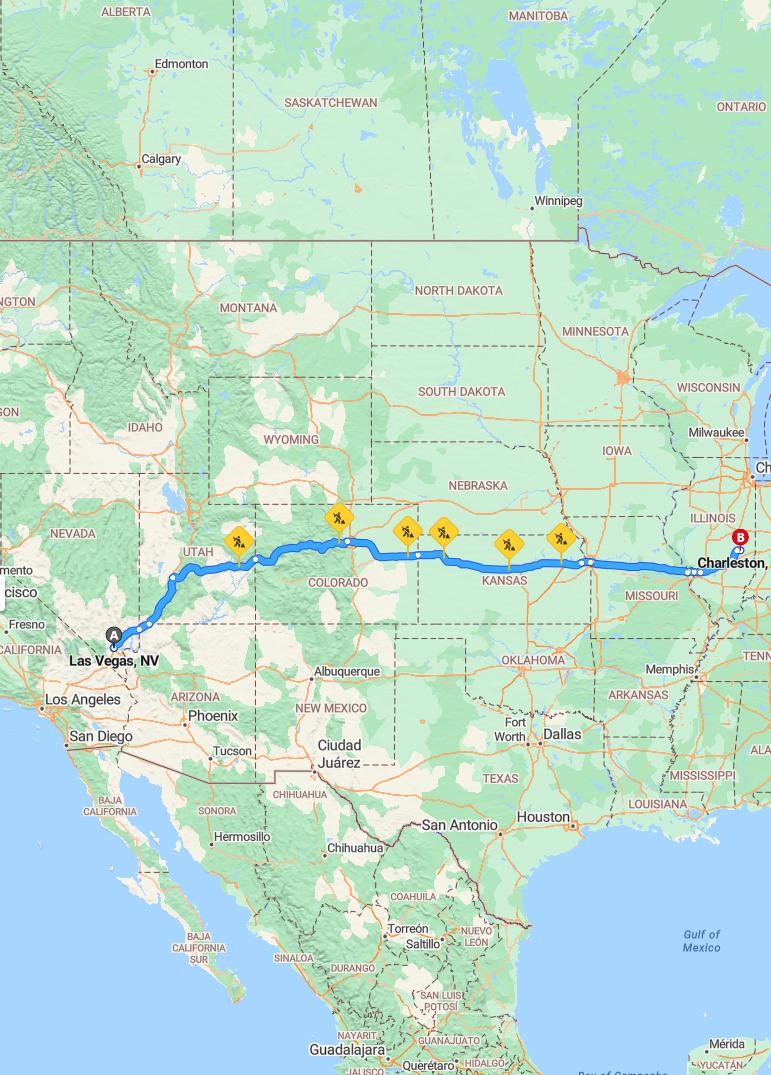 driving from Las Vegas, Nevada to CharlestonIllinois - map and route