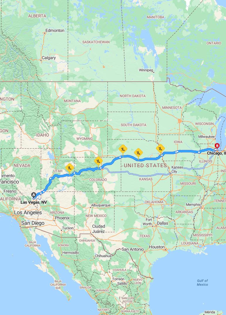 driving from Las Vegas, Nevada to ChicagoIllinois - map and route