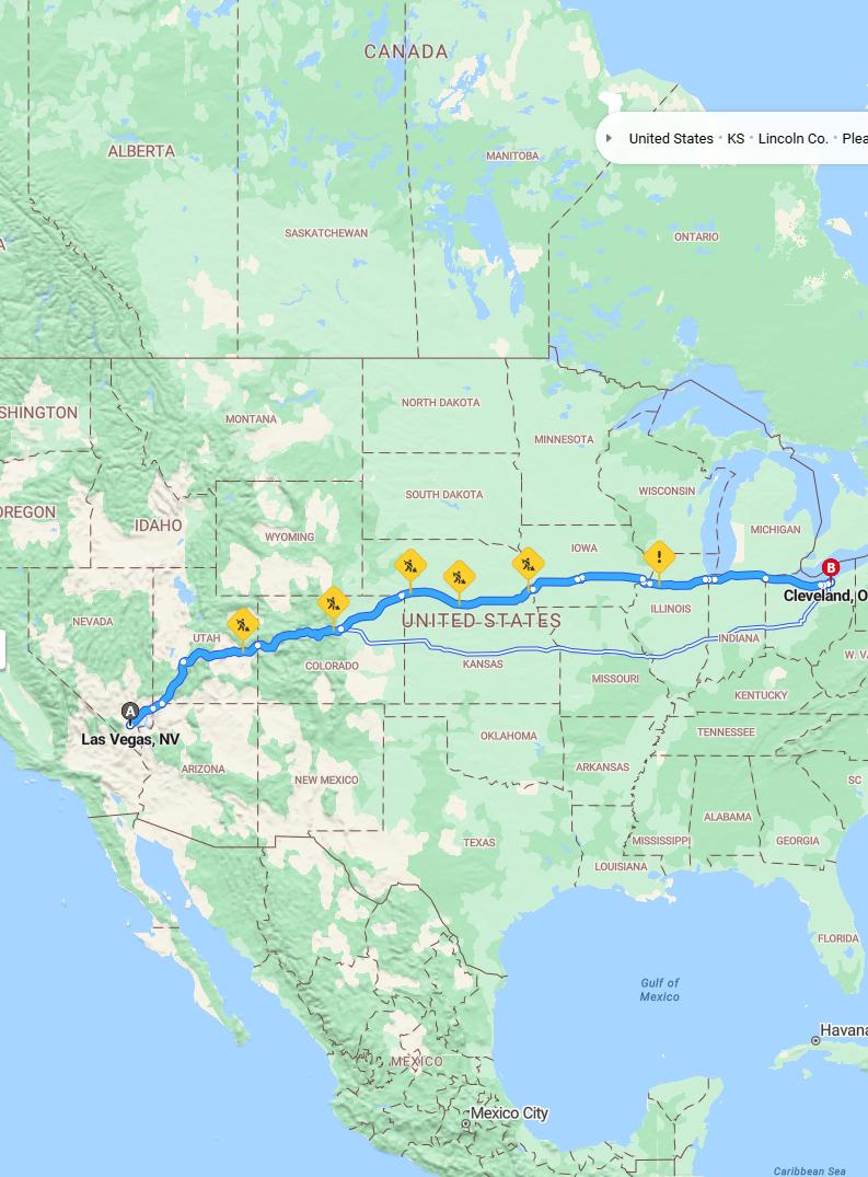 driving from Las Vegas, Nevada to ClevelandOhio - map and route