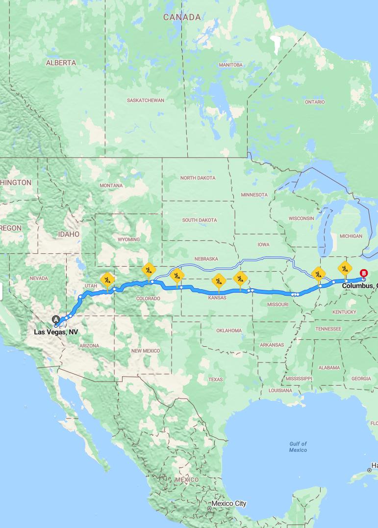 driving from Las Vegas, Nevada to ColumbusOhio - map and route