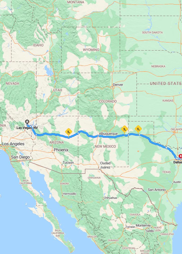 driving from Las Vegas, Nevada to DallasTexas - map and route