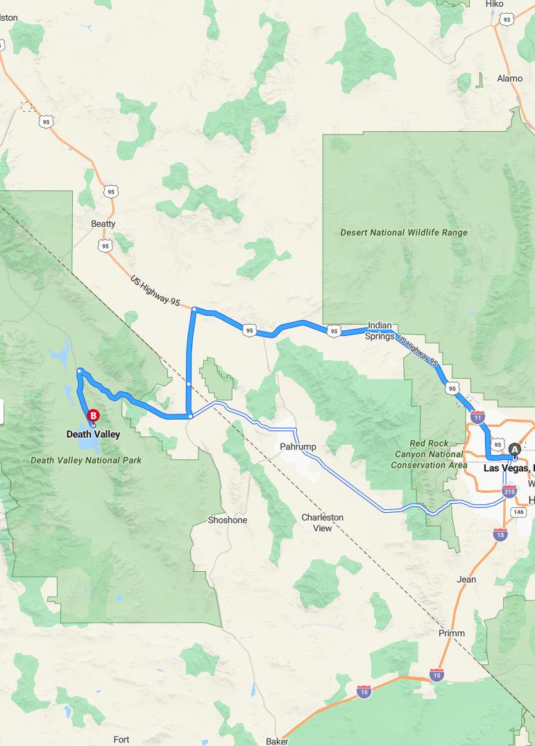 driving from Las Vegas, Nevada to Death ValleyCalifornia - map and route