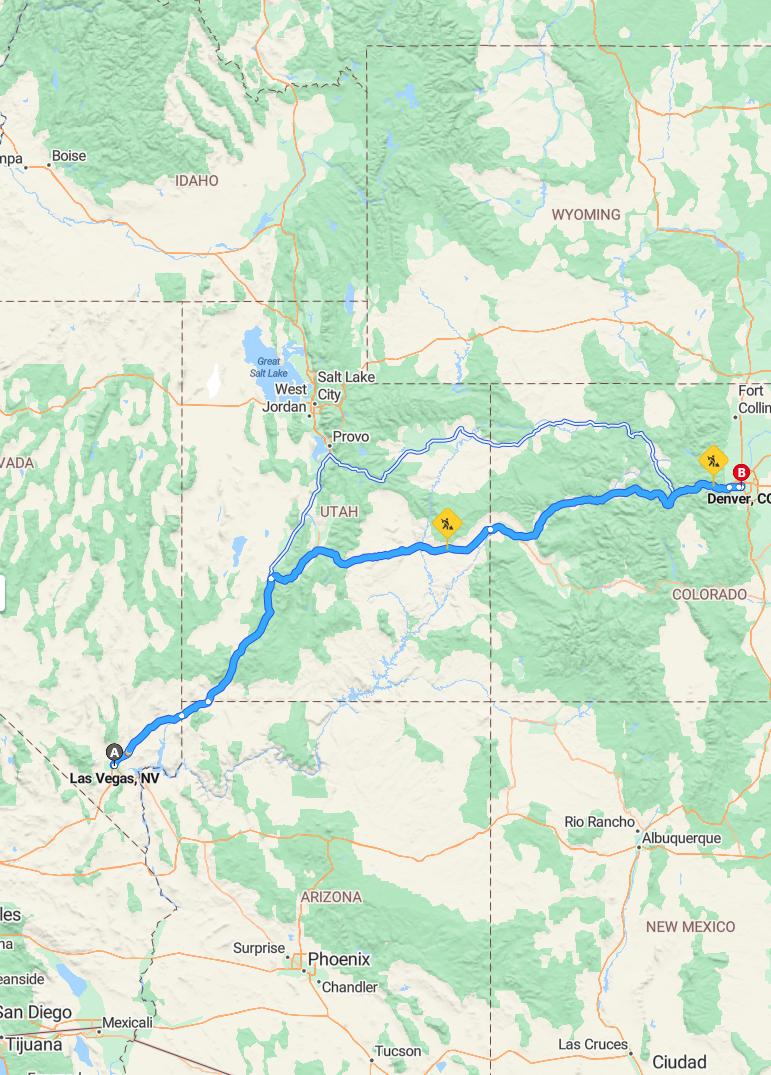 driving from Las Vegas, Nevada to DenverColorado - map and route