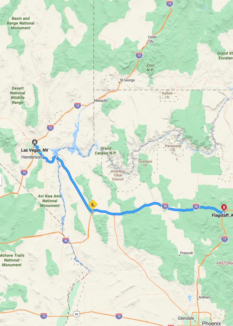 driving from Las Vegas, Nevada to FlagstaffArizona - map and route