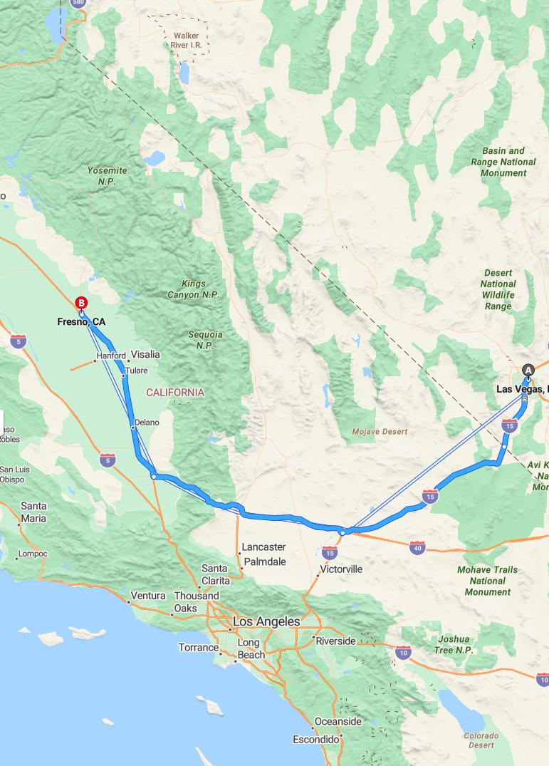 driving from Las Vegas, Nevada to FresnoCalifornia - map and route