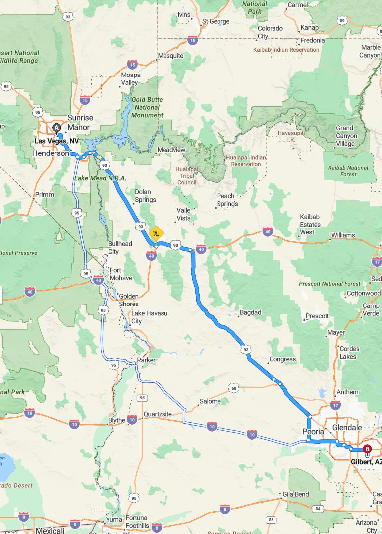 driving from Las Vegas, Nevada to GilbertArizona - map and route