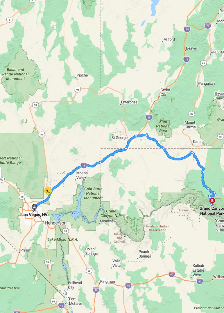 driving from Las Vegas, Nevada to Grand Canyon North RimArizona - map and route
