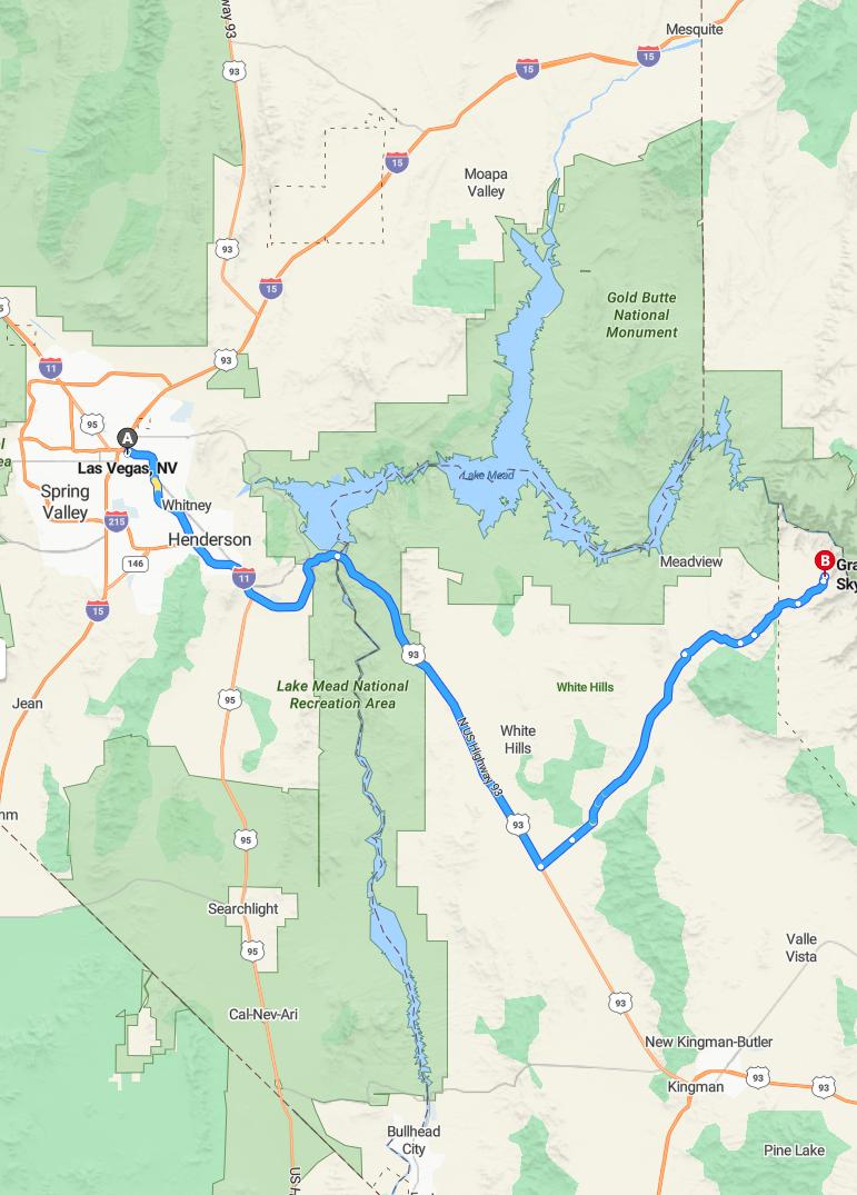 driving from Las Vegas, Nevada to Grand Canyon SkywalkArizona - map and route