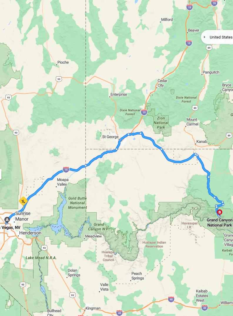 driving from Las Vegas, Nevada to Grand Canyon South RimArizona - map and route