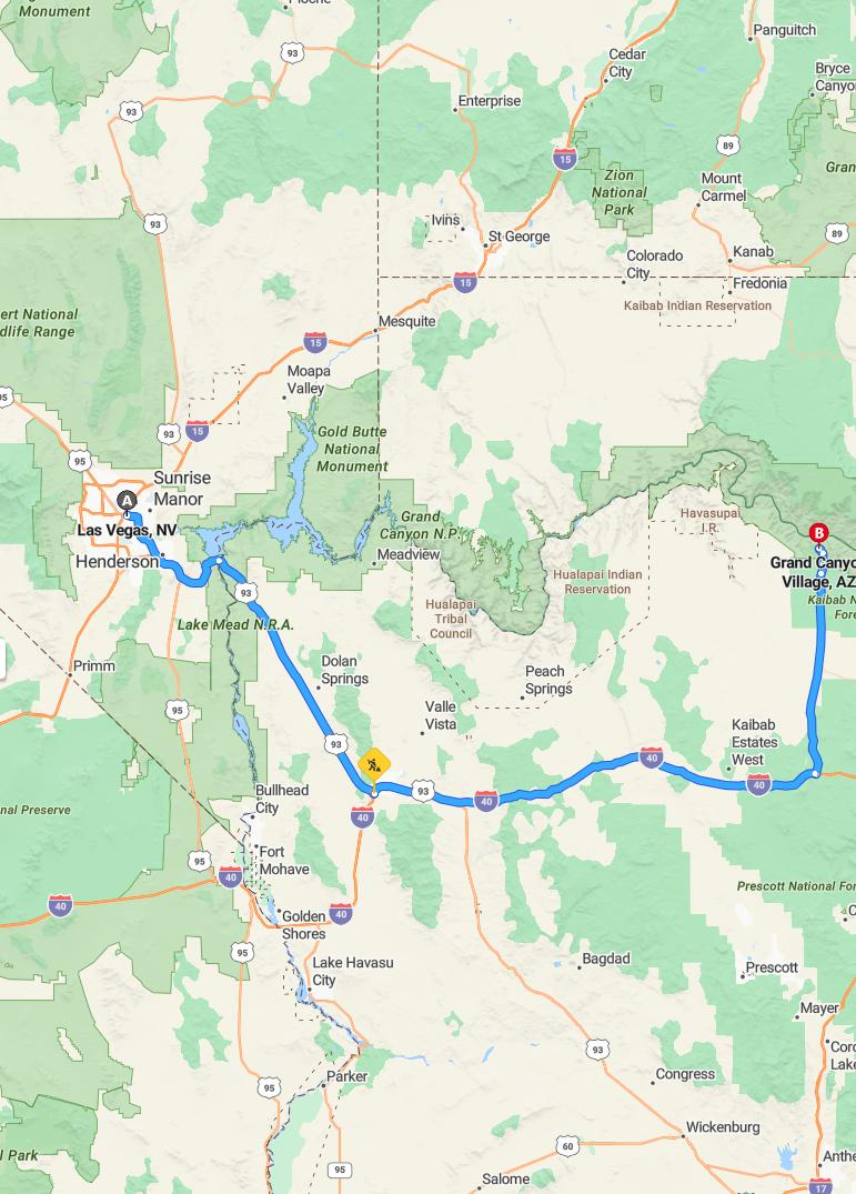 driving from Las Vegas, Nevada to Grand Canyon VillageArizona - map and route