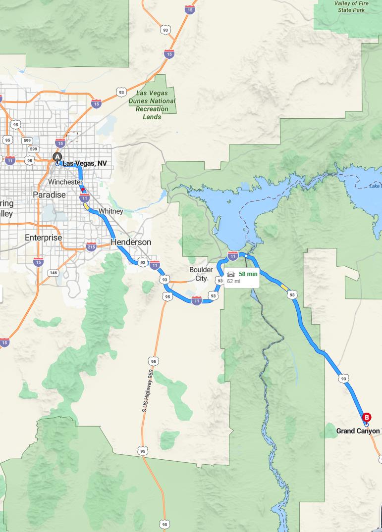 driving from Las Vegas, Nevada to Grand Canyon WestArizona - map and route