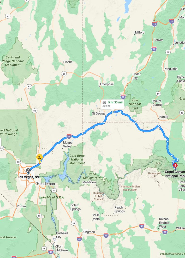 driving from Las Vegas, Nevada to Grand CanyonArizona - map and route